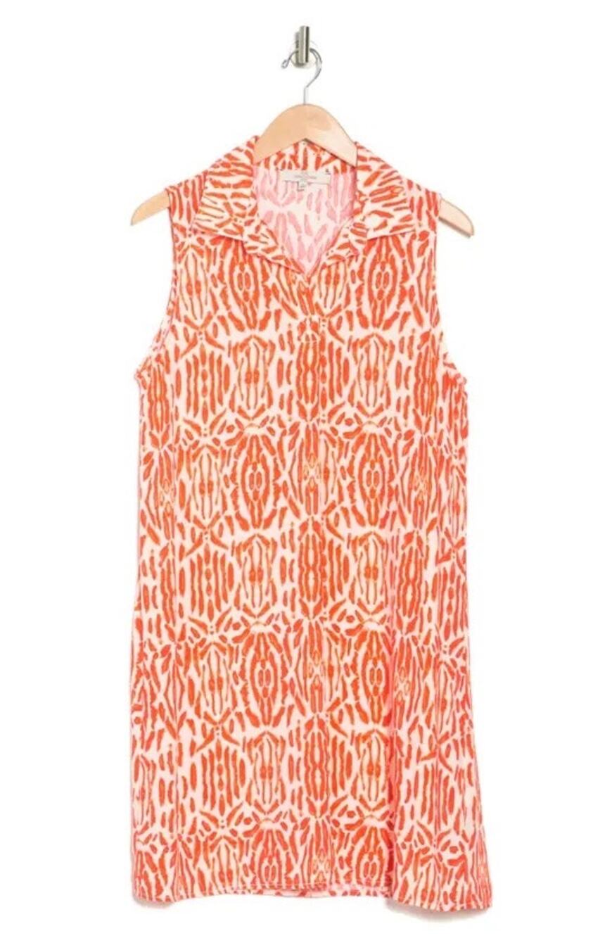 Casa Cabana Anna Shift Collared Sleeveless Dress In Coral Geometric Print Size S